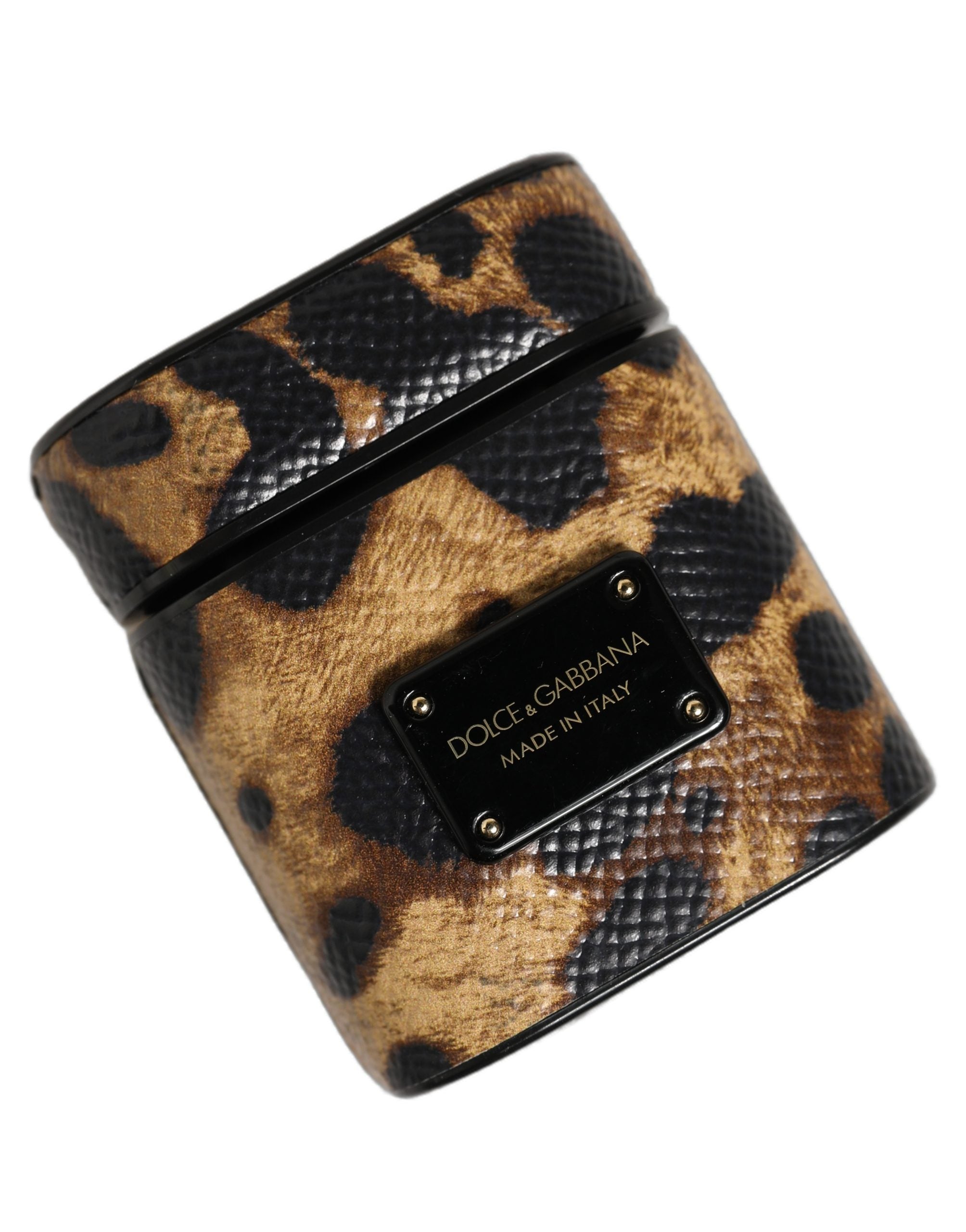 Dolce & Gabbana Dolce & Gabbana Brown Leopard Calf Leather Metal Logo Plaque Airpods Women's Case