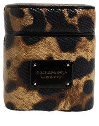 Dolce & Gabbana Dolce & Gabbana Brown Leopard Calf Leather Metal Logo Plaque Airpods Women's Case