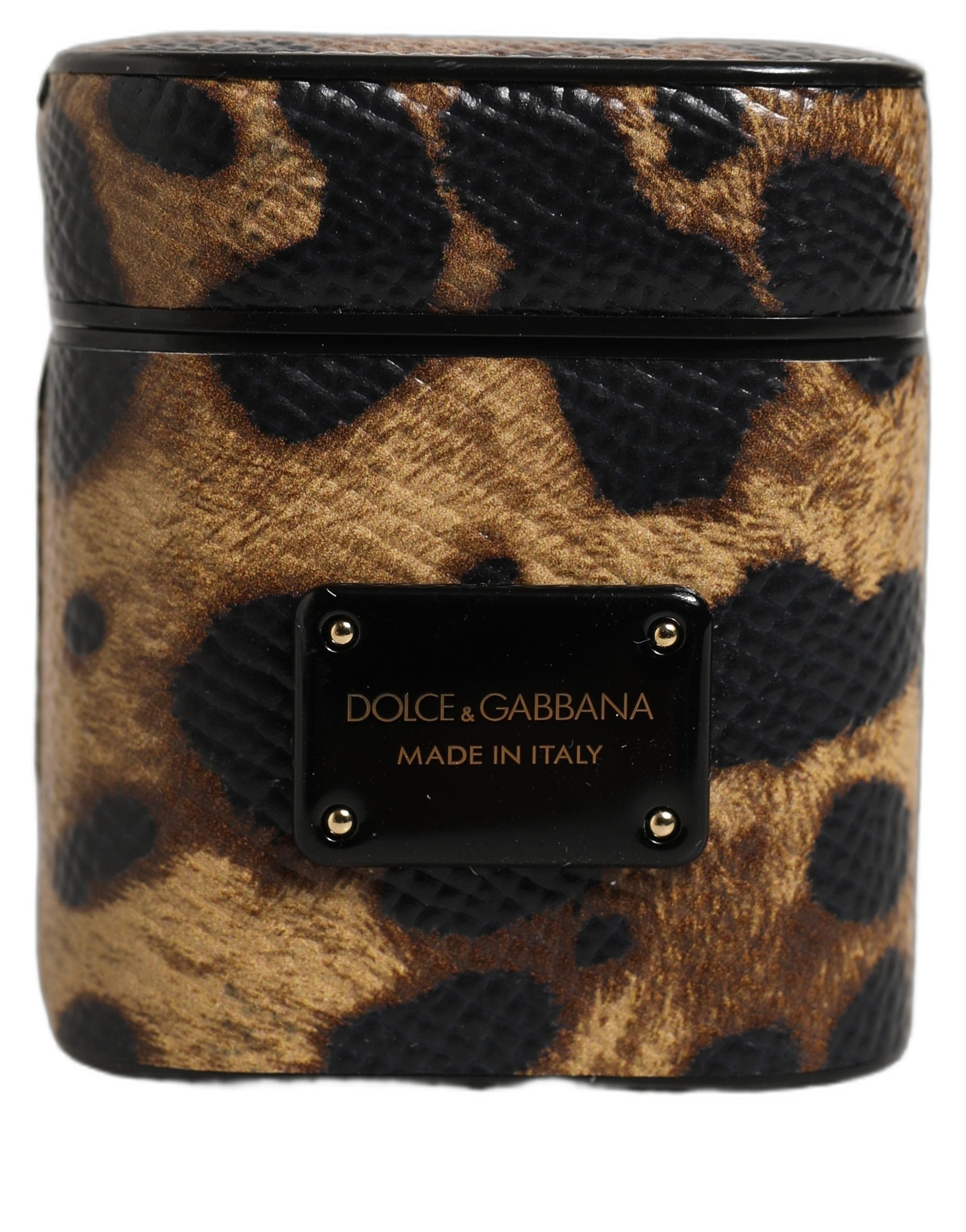 Dolce & Gabbana Dolce & Gabbana Brown Leopard Calf Leather Metal Logo Plaque Airpods Women's Case