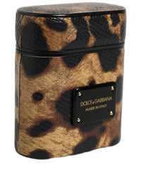 Dolce & Gabbana Dolce & Gabbana Brown Leopard Calf Leather Metal Logo Plaque Airpods Women's Case