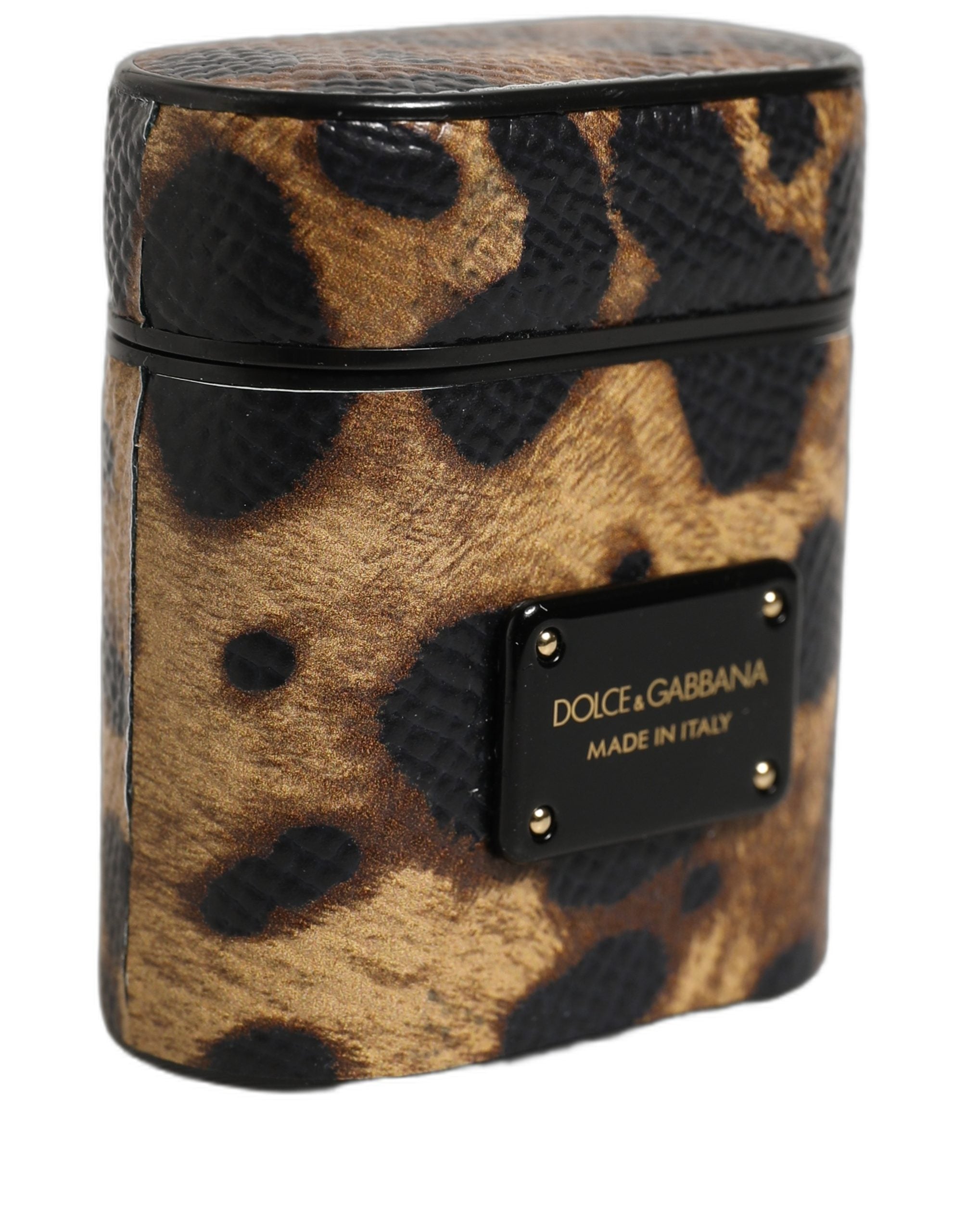 Dolce & Gabbana Dolce & Gabbana Brown Leopard Calf Leather Metal Logo Plaque Airpods Women's Case
