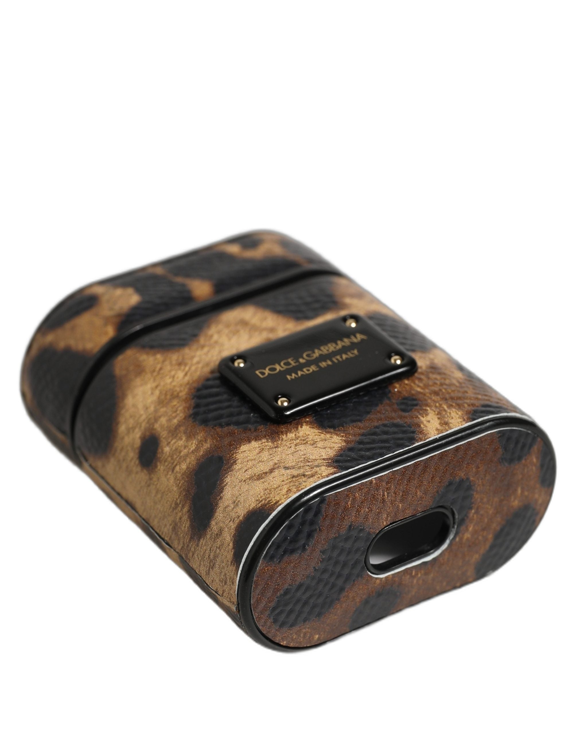 Dolce & Gabbana Dolce & Gabbana Brown Leopard Calf Leather Metal Logo Plaque Airpods Women's Case