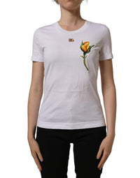 Dolce & Gabbana White Cotton Rose Patch Crew Neck Women's T-shirt