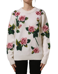 Dolce & Gabbana White Wool Floral Crew Neck Pullover Women's Sweater