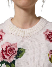Dolce & Gabbana White Wool Floral Crew Neck Pullover Women's Sweater