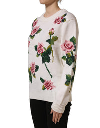 Dolce & Gabbana White Wool Floral Crew Neck Pullover Women's Sweater