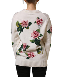 Dolce & Gabbana White Wool Floral Crew Neck Pullover Women's Sweater