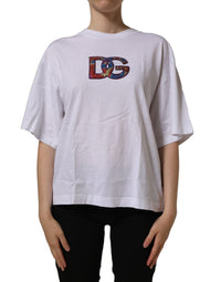 Dolce & Gabbana White Logo Patch Cotton Crew Neck Women's T-shirt