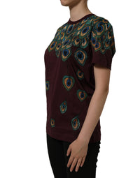 Dolce & Gabbana Burgundy Peacock Feather Round Neck Women's T-shirt