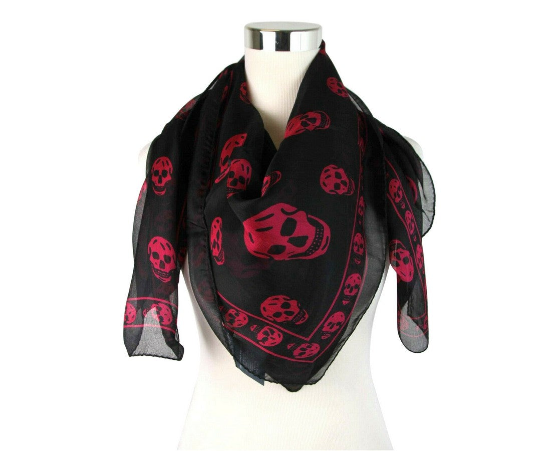 Alexander McQueen Women's Black Chiffon Silk With Purple Pink Skull Print Scarf