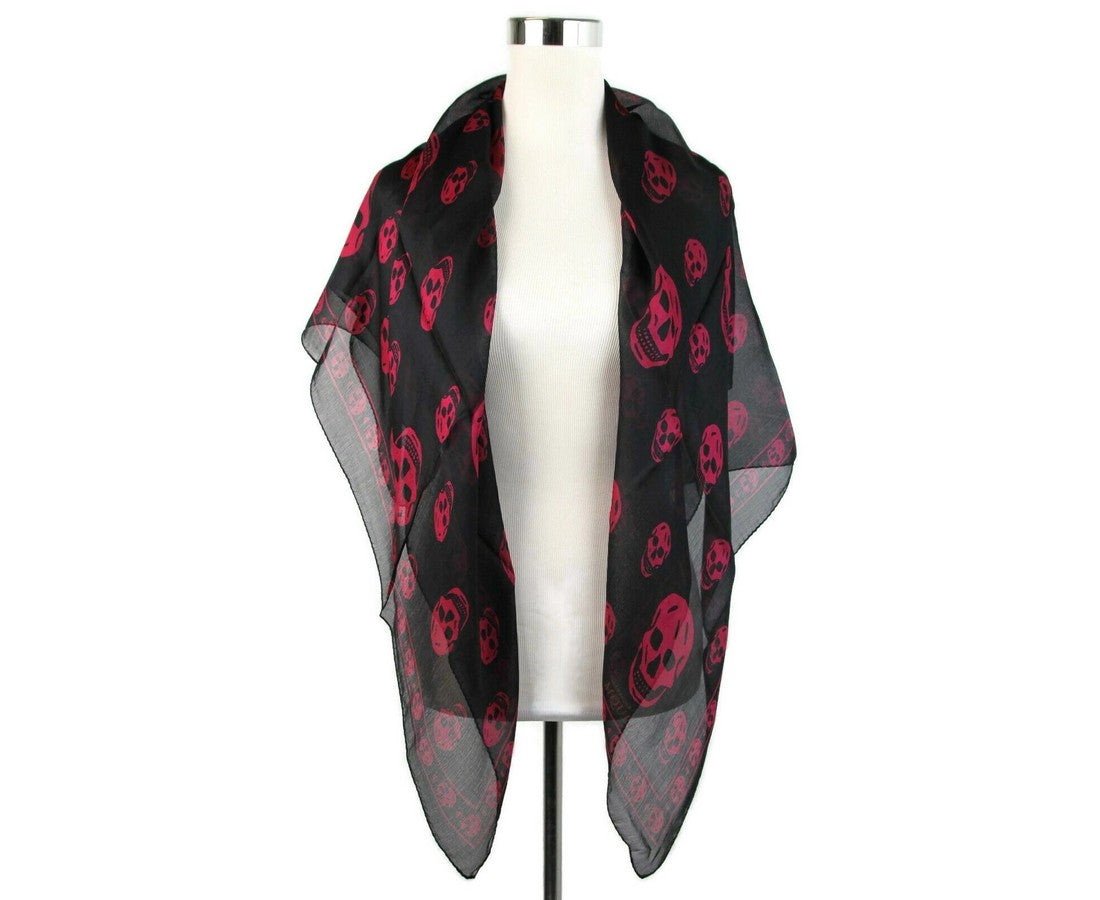 Alexander McQueen Women's Black Chiffon Silk With Purple Pink Skull Print Scarf