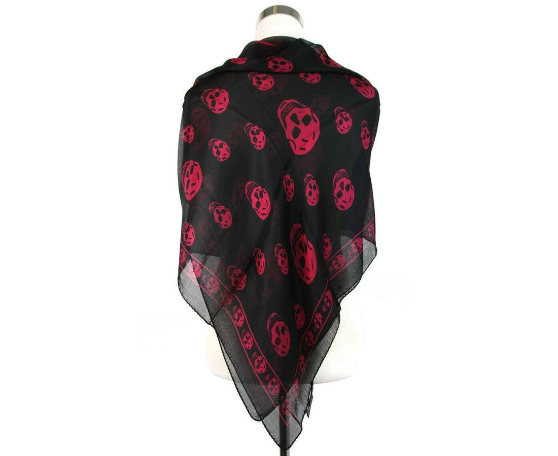 Alexander McQueen Women's Black Chiffon Silk With Purple Pink Skull Print Scarf