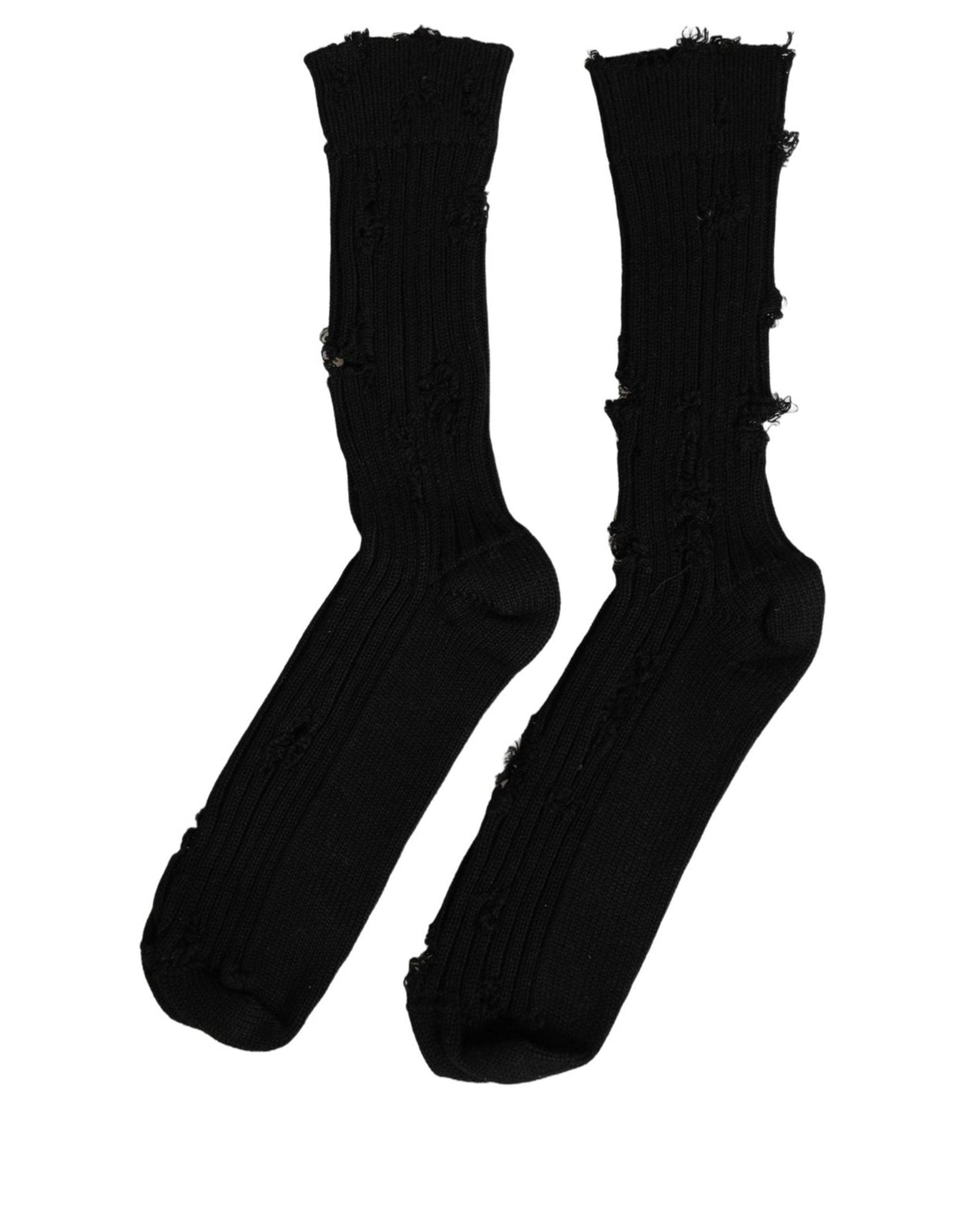 Dolce & Gabbana Dolce & Gabbana Black Cotton Distressed Mid Calf Accessory Men's Socks