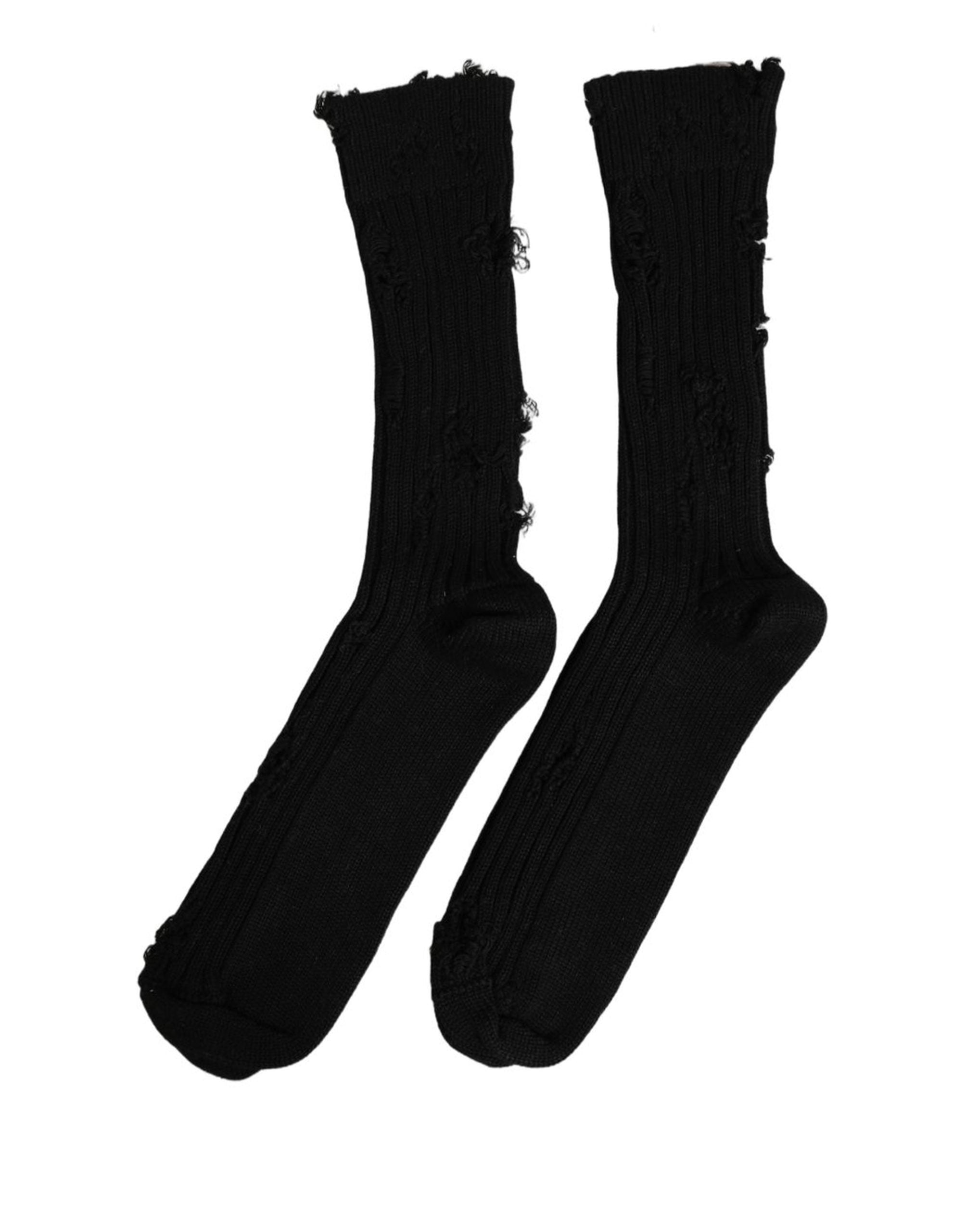 Dolce & Gabbana Dolce & Gabbana Black Cotton Distressed Mid Calf Accessory Men's Socks