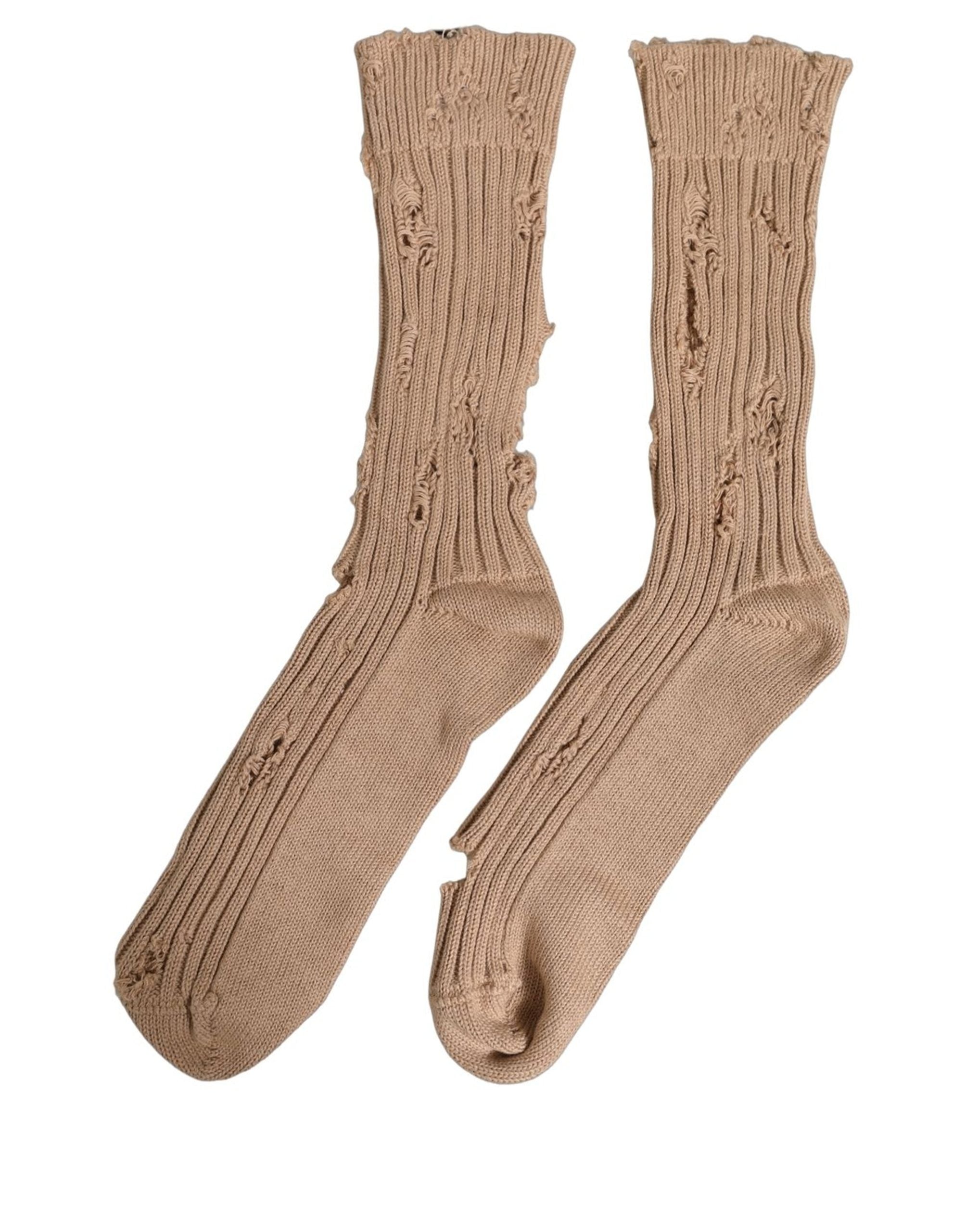 Dolce & Gabbana Dolce & Gabbana Beige Cotton Distressed Mid Calf Accessory Men's Socks