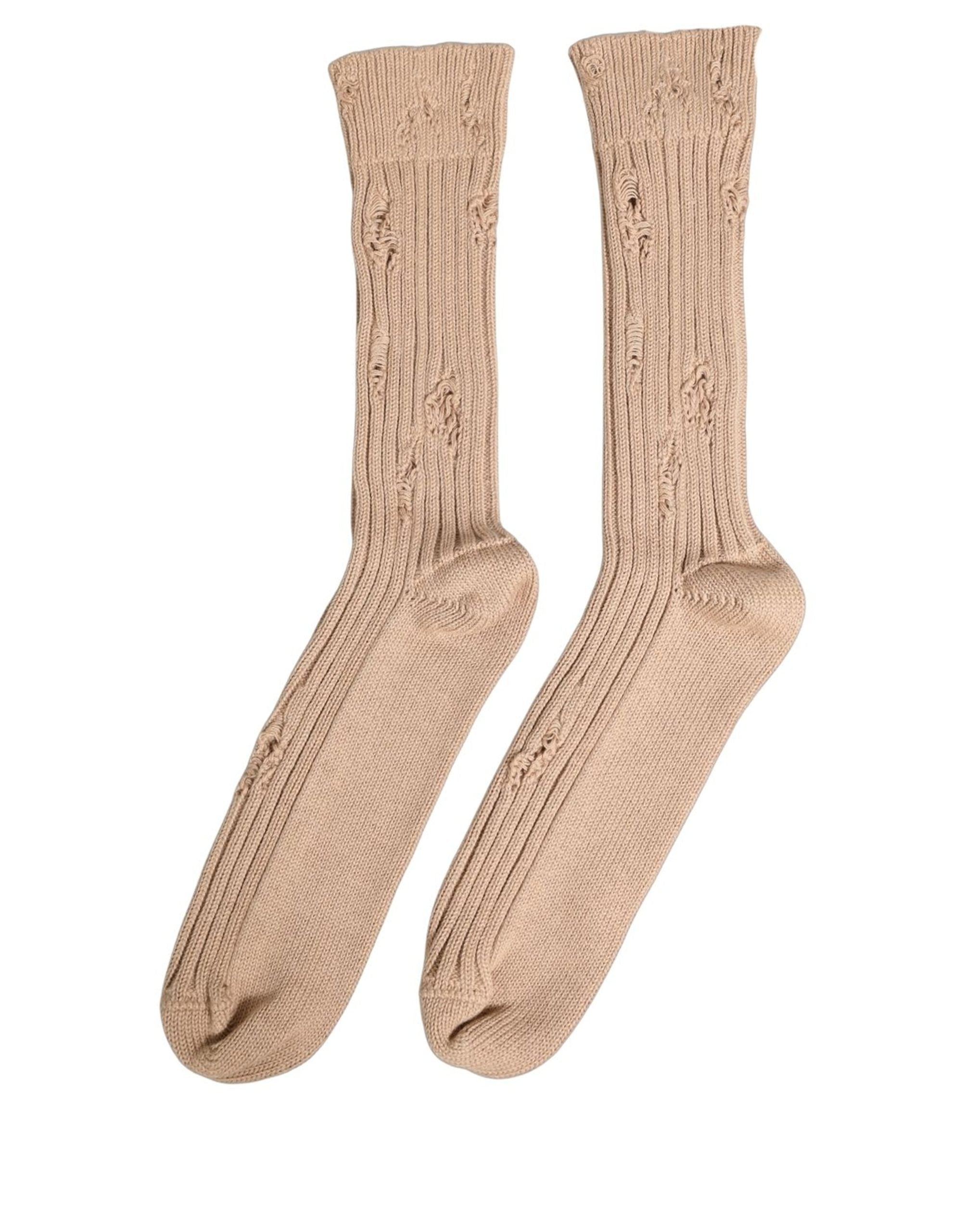 Dolce & Gabbana Dolce & Gabbana Beige Cotton Distressed Mid Calf Accessory Men's Socks