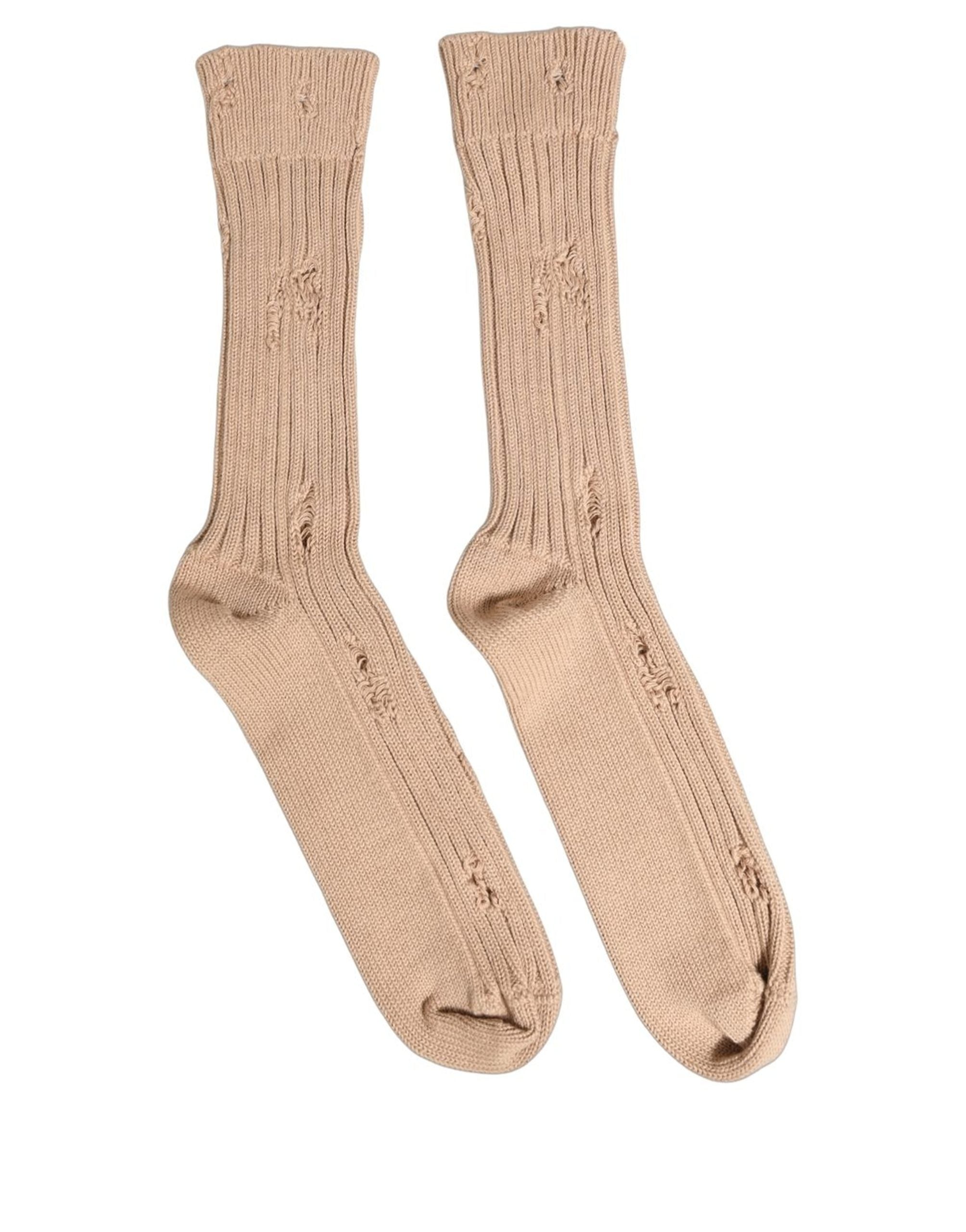 Dolce & Gabbana Dolce & Gabbana Beige Cotton Distressed Mid Calf Accessory Men's Socks