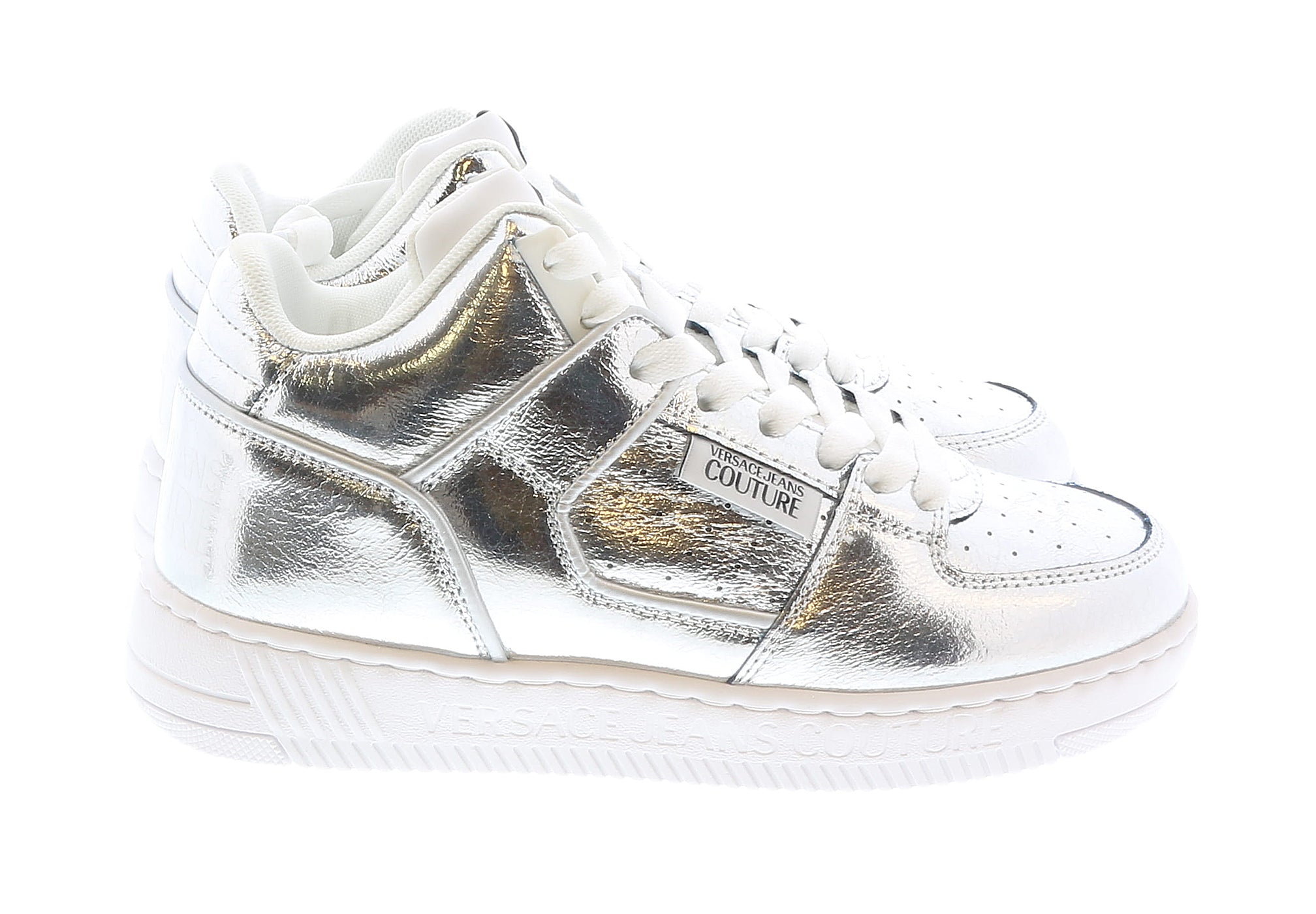 Versace Jeans Couture Signature Mid Top Lace Up Silver Sneakers-