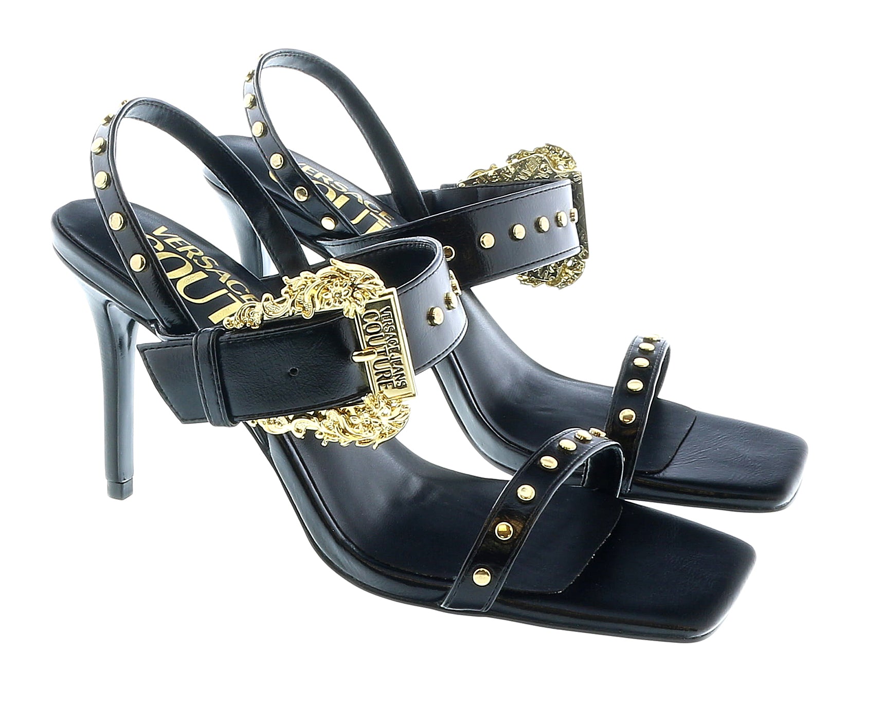Defective/Store Return Versace Jeans Couture Womens Oversized Buckle Black Heeled Sandals-EU37