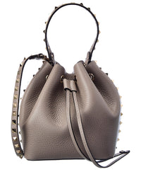 Valentino Rockstud Grainy Leather Bucket Bag ONE SIZE Grey Multi