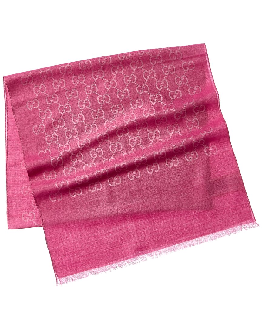 Gucci Logo Small Jacquard Wool & Silk-Blend Scarf, Pink