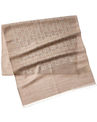 Gucci Logo Small Jacquard Wool & Silk-Blend Scarf, Beige