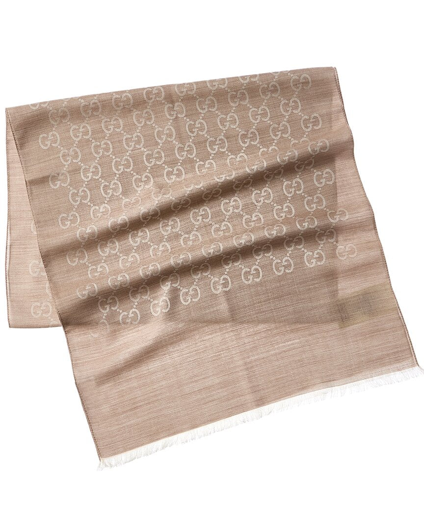 Gucci Logo Small Jacquard Wool & Silk-Blend Scarf, Beige