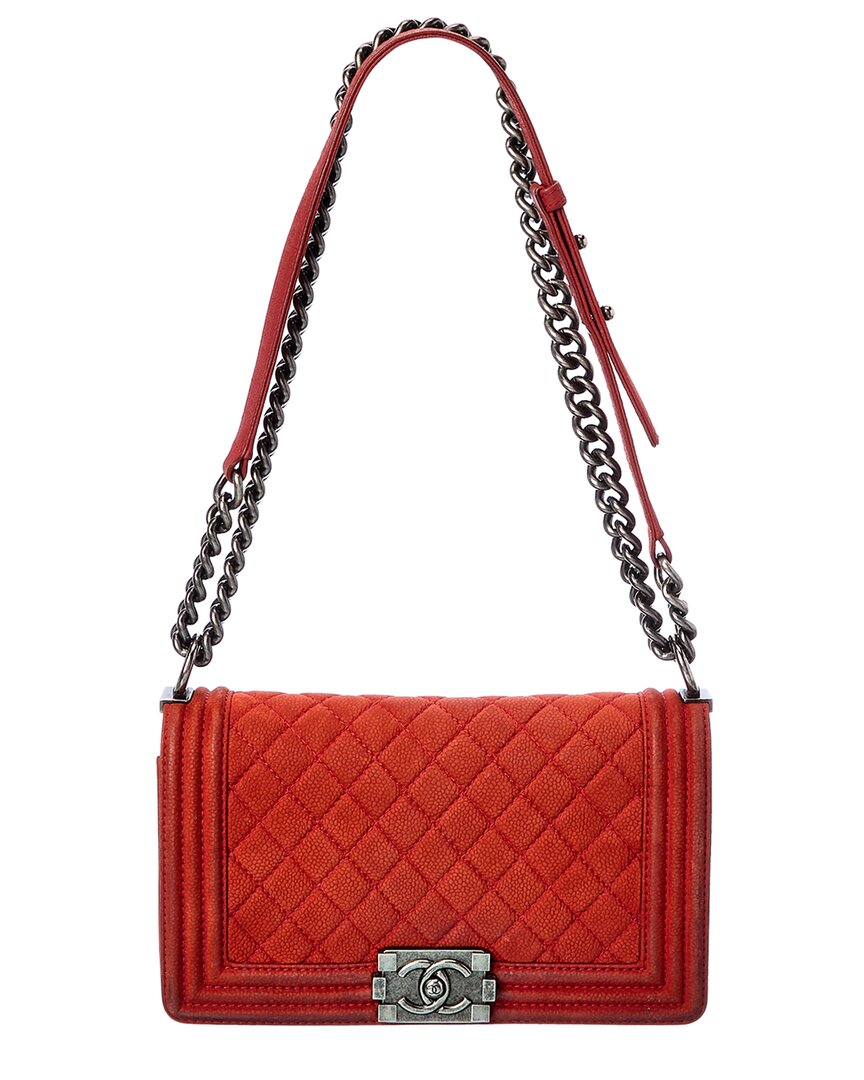 Chanel Red Quilted Suede Medium Boy Bag (Authentic Pre-Loved)