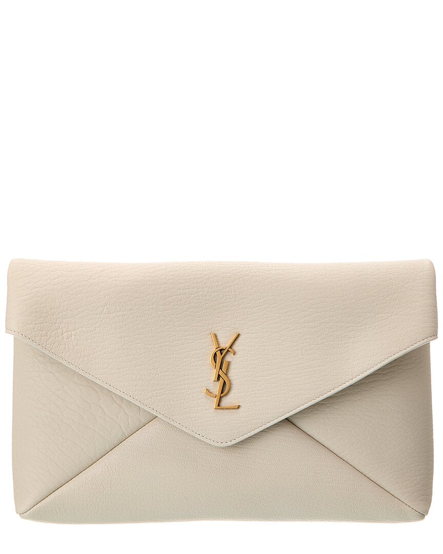 Saint Laurent Cassandre Large Leather Envelope Pouch, White