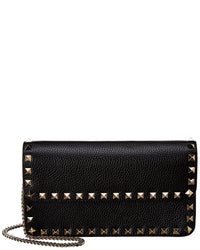 Valentino Valentino Rockstud Grainy Leather Wallet On Chain, Black