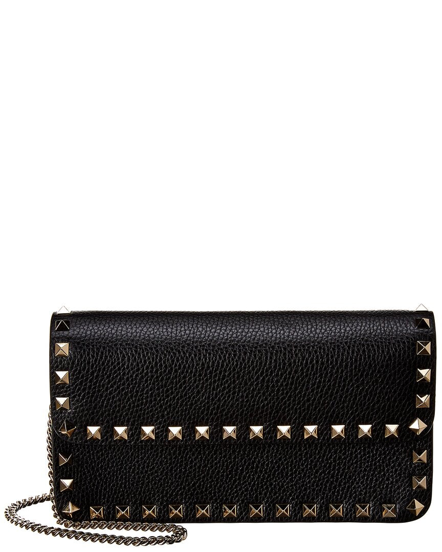 Valentino Valentino Rockstud Grainy Leather Wallet On Chain, Black