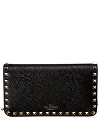 Valentino Valentino Rockstud Grainy Leather Wallet On Chain, Black