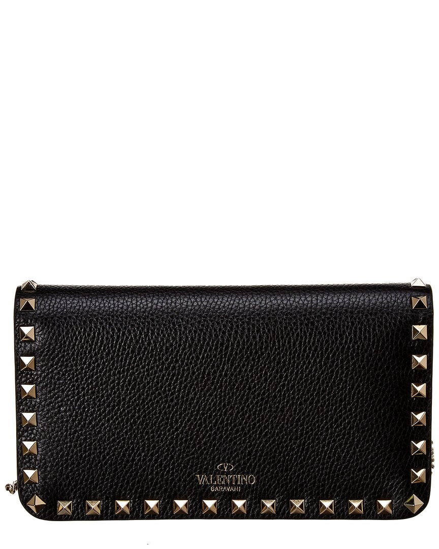 Valentino Valentino Rockstud Grainy Leather Wallet On Chain, Black