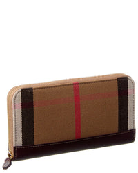 Burberry Check Canvas & Leather Zip Around Wallet