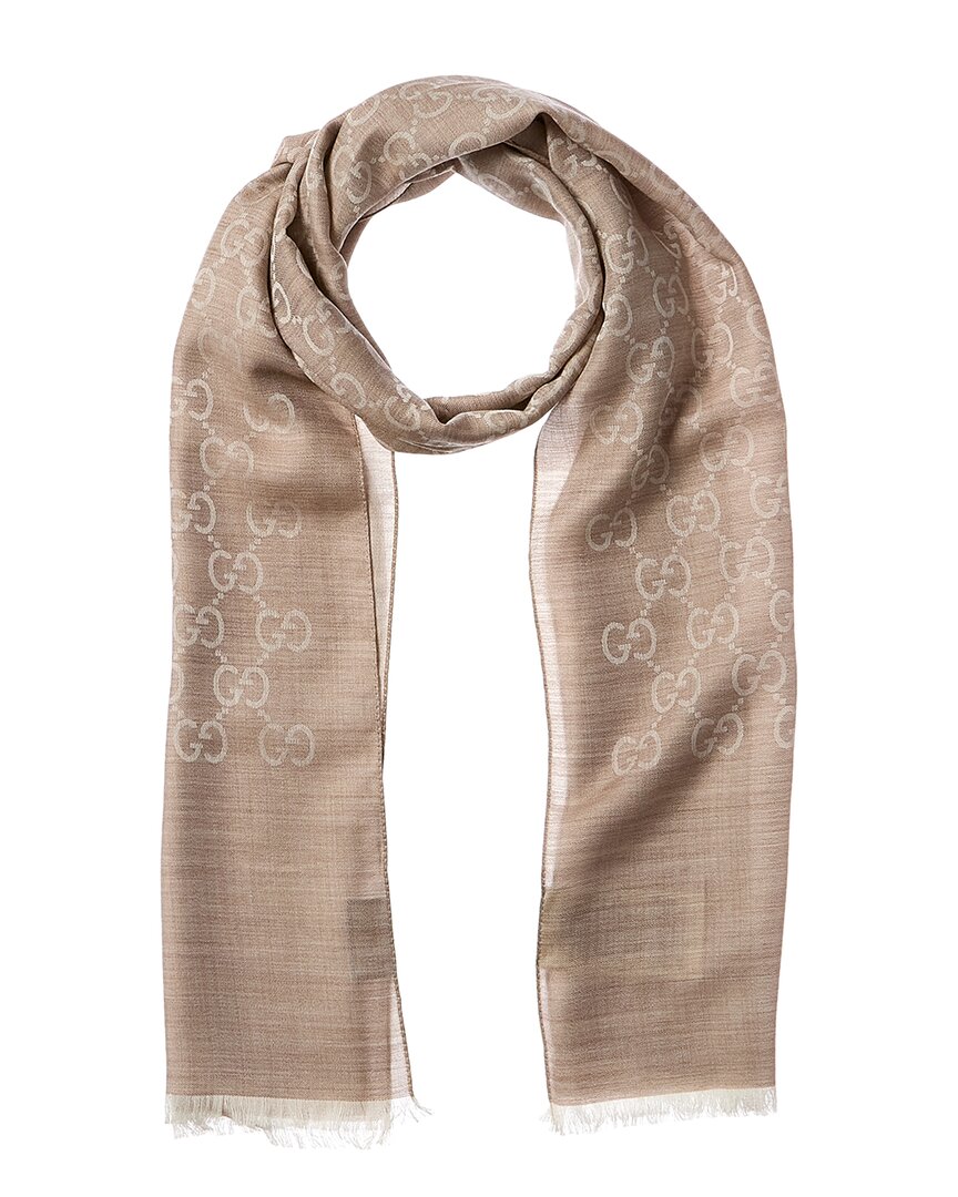Gucci Logo Small Jacquard Wool & Silk-Blend Scarf Beige