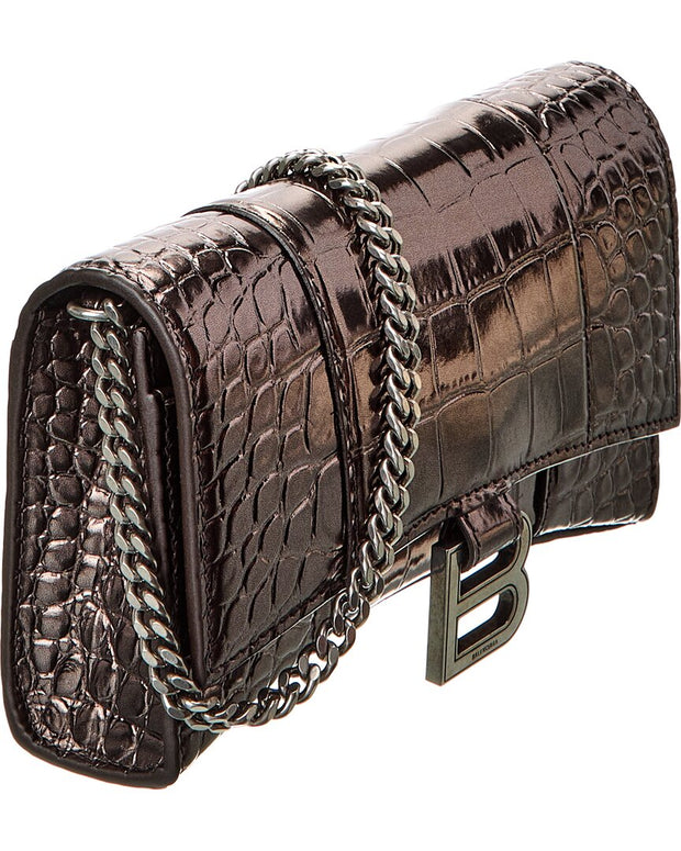 Balenciaga Hourglass Croc-Embossed Leather Wallet On Chain