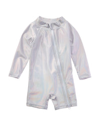 Flap Happy Shimmering Silver Rash Guard Romper