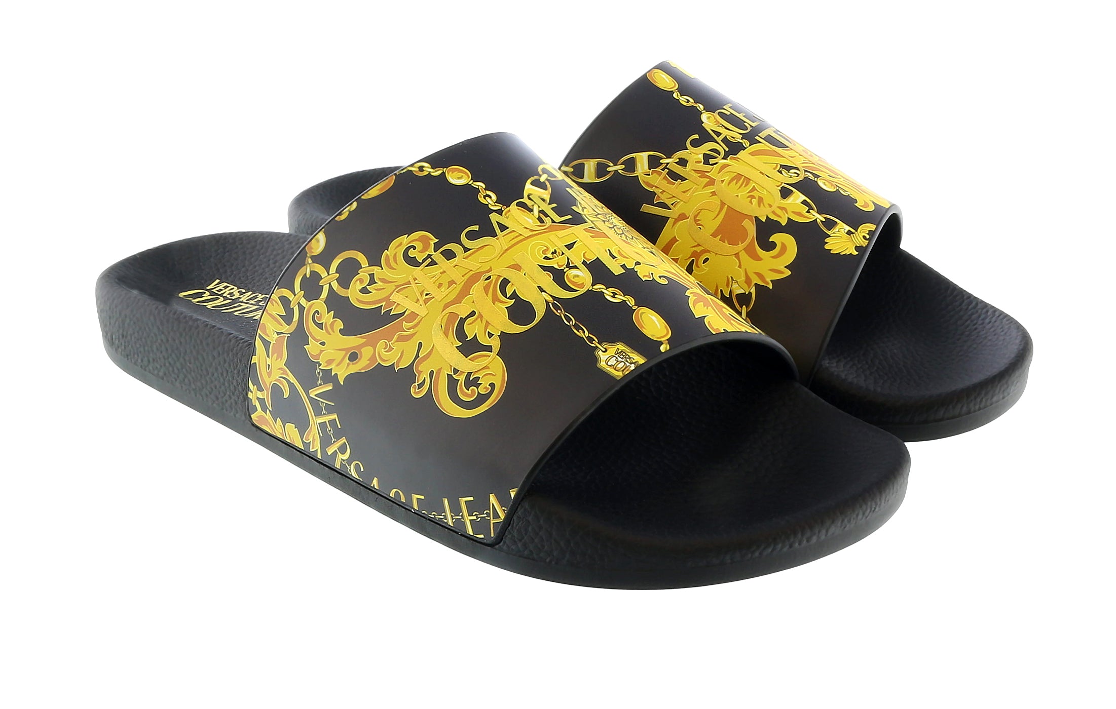 Versace Jeans Couture Black/Gold Ladies Signature Pattern Pool Slide