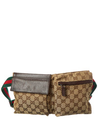 Gucci Dark Brown Monogram Coated Canvas Gg Web Double Pocket Belt Bag (Authentic