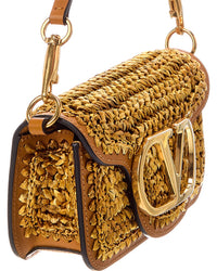 Valentino Vlogo Signature Mini Raffia & Leather Shoulder Bag