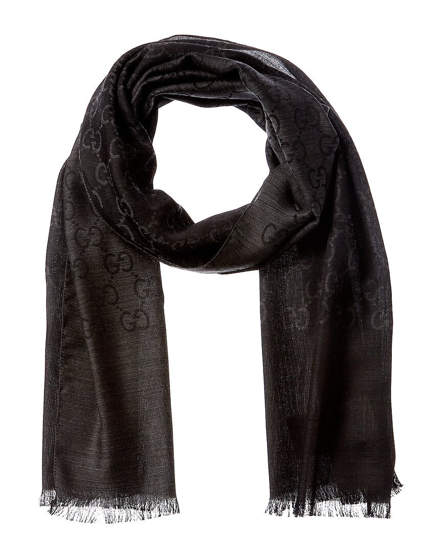 Gucci Logo Small Jacquard Wool & Silk-Blend Scarf Grey