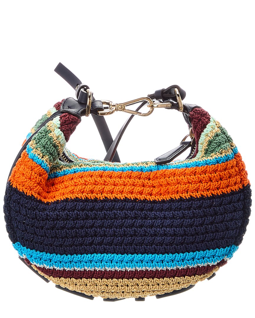 FENDI Fendi Fendigraphy Mini Crochet & Leather Hobo Bag