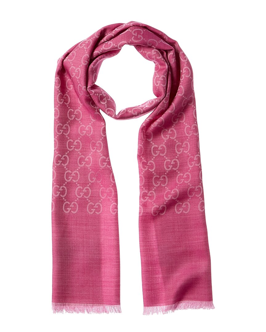 Gucci Logo Small Jacquard Wool & Silk-Blend Scarf Pink