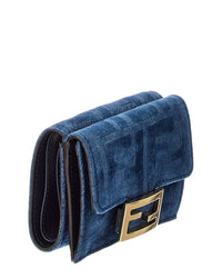 FENDI Fendi Micro Trifold Flocked Denim Wallet