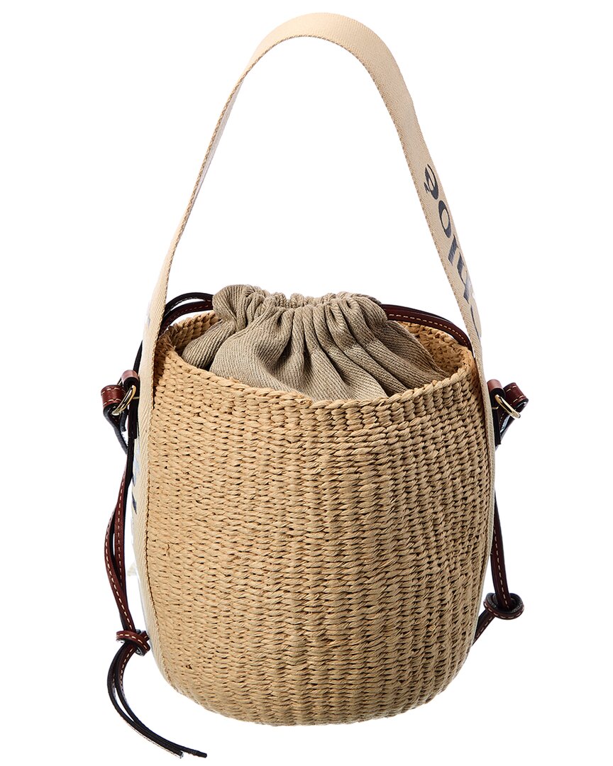 Chloé Chloé Woody Small Raffia & Leather Bucket Bag, Beige