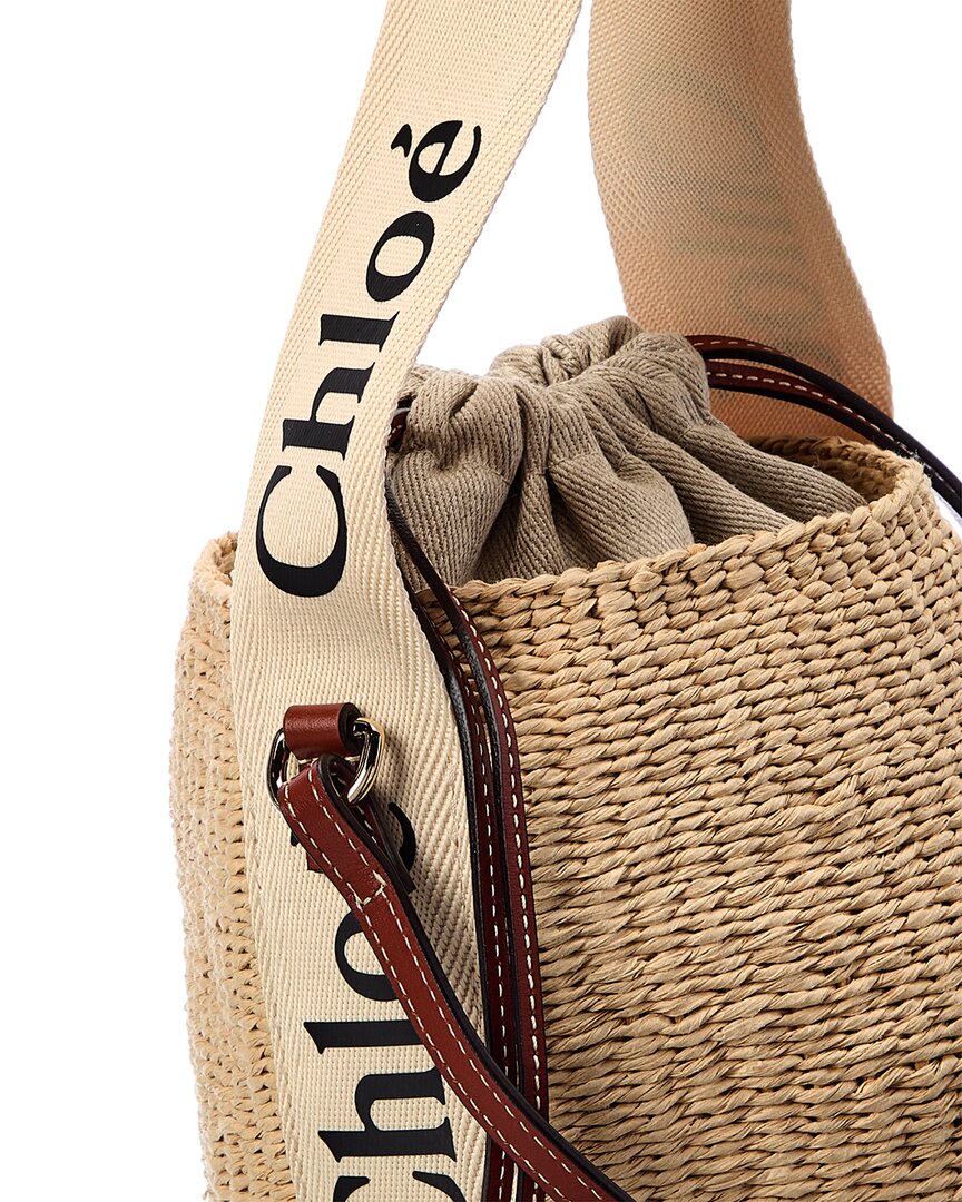 Chloé Chloé Woody Small Raffia & Leather Bucket Bag, Beige