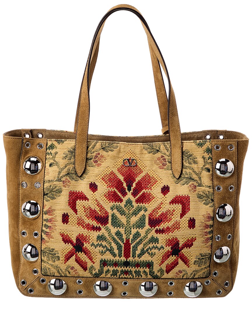 Valentino Valentino Vlogo Large Canvas & Suede Tote