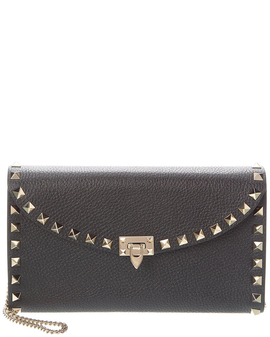 Valentino Rockstud Grainy Leather Wallet On Chain ONE SIZE Black