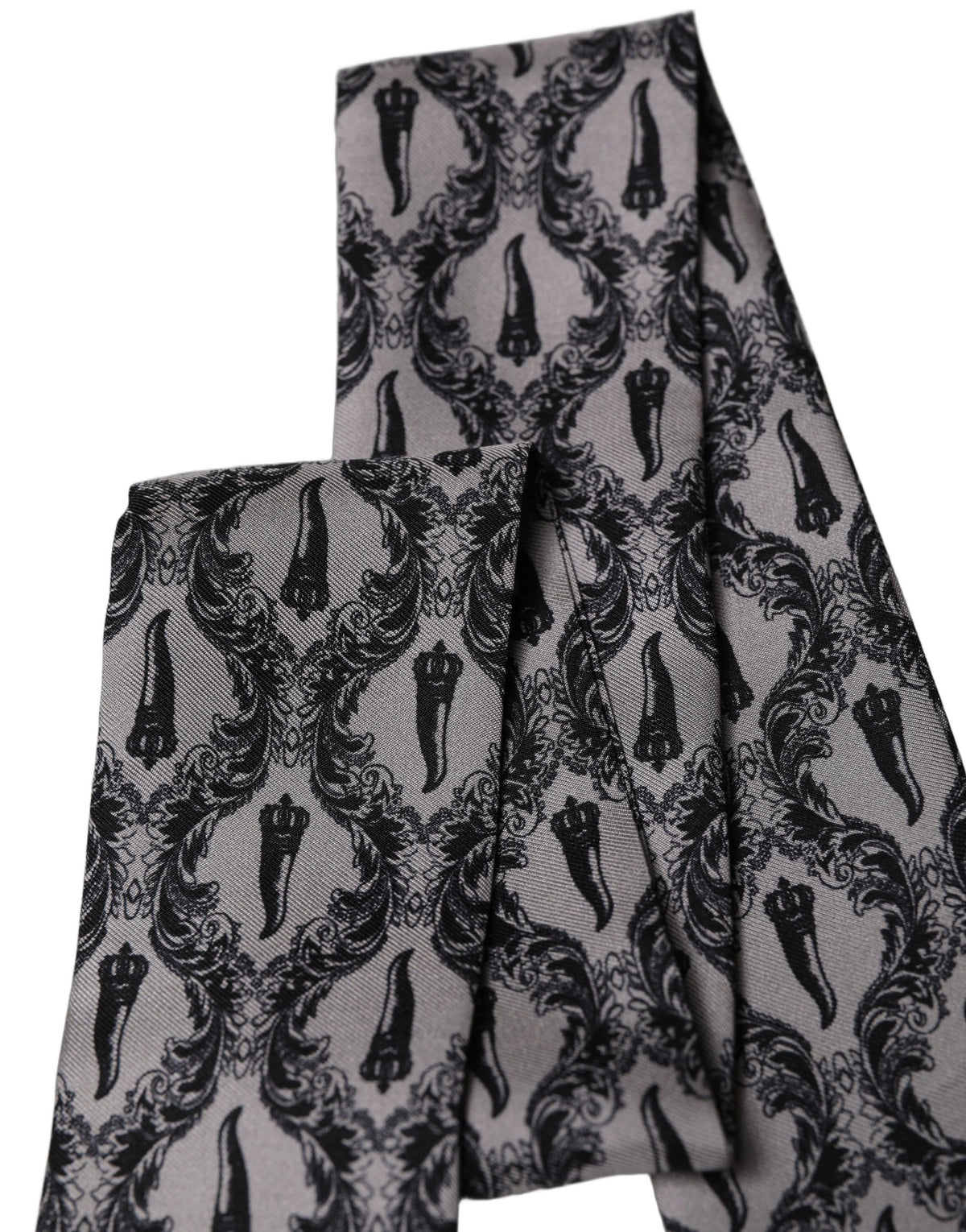 Dolce & Gabbana Dolce & Gabbana Gray Baroque Silk Fringed Skinny Foulard Men's Scarf