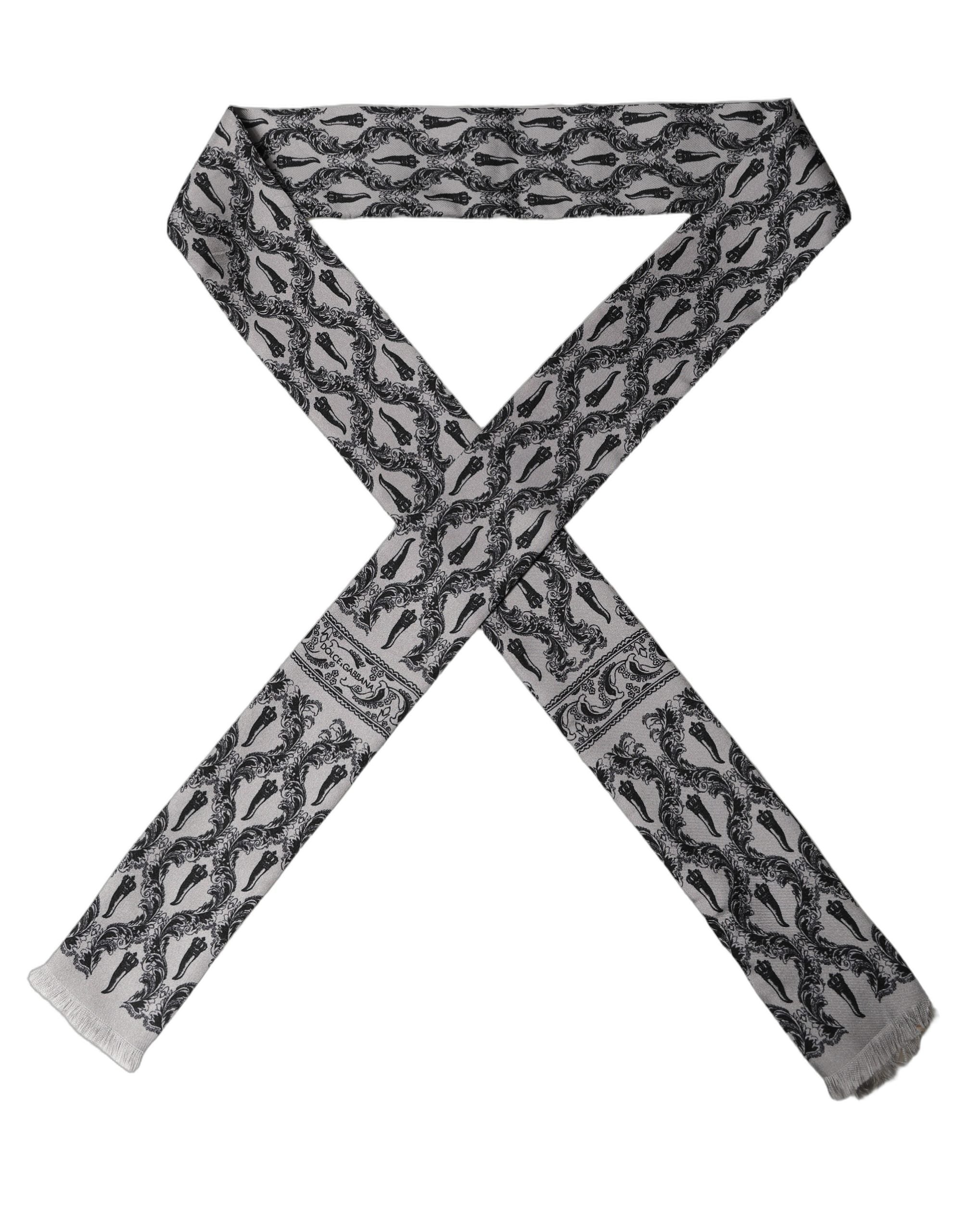 Dolce & Gabbana Dolce & Gabbana Gray Baroque Silk Fringed Skinny Foulard Men's Scarf
